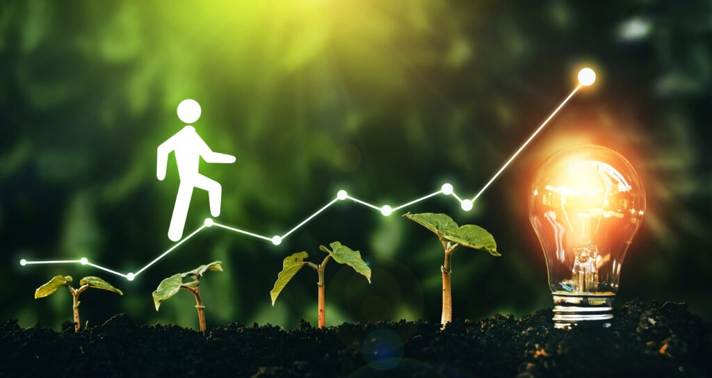 Personnage qui avance sur une courbe d'énergie